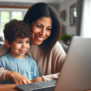 Hispanic-mother-with-her-child-both-smiling-and-looking-at-a-laptop-screen-together-at-home.-The-mother-is-showing-her-child-an-online-support-grou